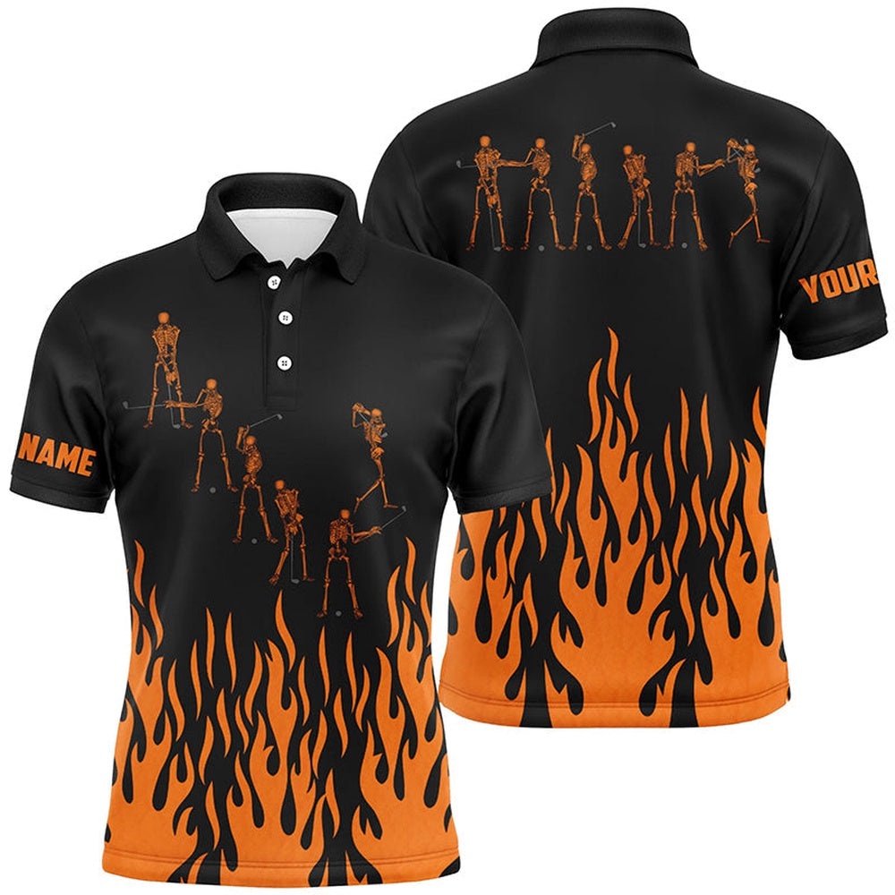 Orange Flame Golf Skeleton Custom Black Men's Halloween Black Men's Golf Shirt, Golf Polo Shirt, Golf Shirts