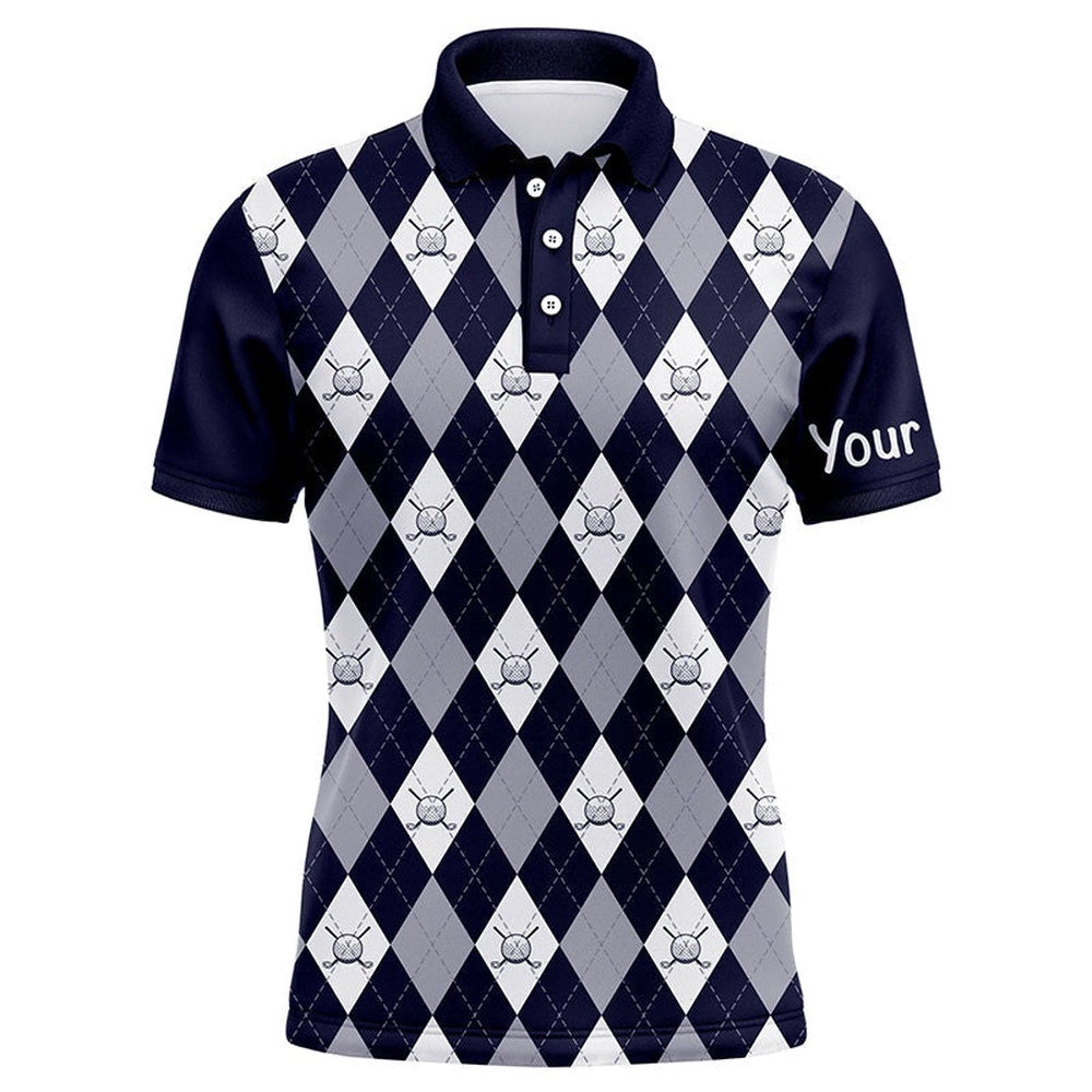 Navy Blue Argyle Plaid Pattern Men's Golf Polo Shirts Custom Golf Attire For Men, Men's Golf Apparel, Golf Polo Shirt, Golf Shirts