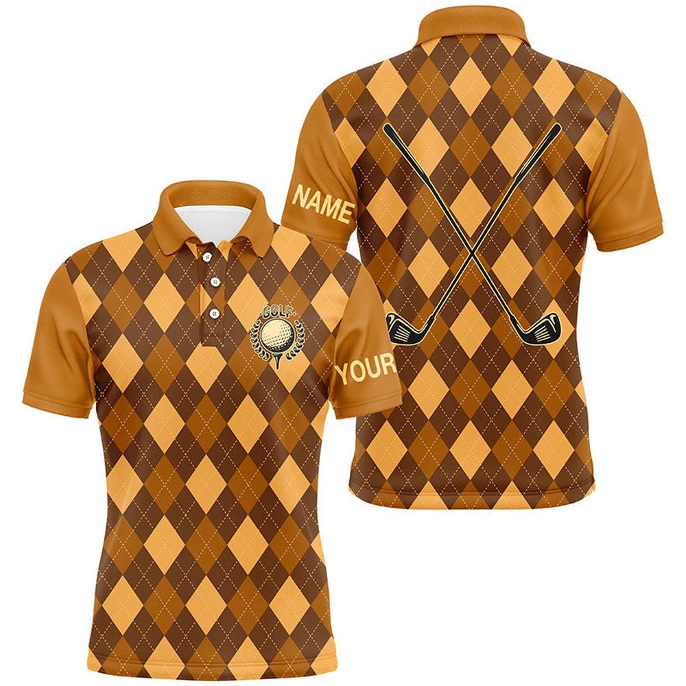 Orange Argyle Golf Clubs Men's Golf Polo Shirts Custom Name Golf Outfit Men, Golf Polo Shirt, Golf Shirts