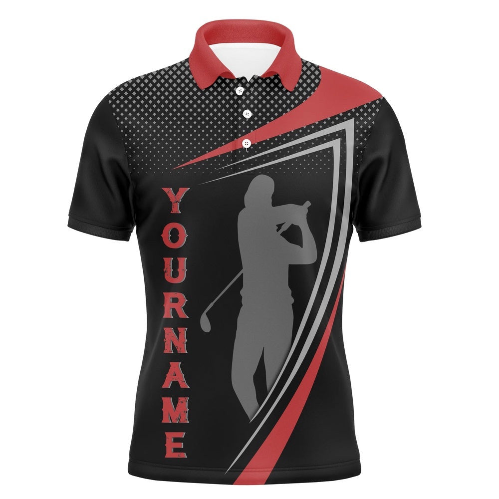 Personalized Red And Black Sports Golf Custom Polo Shirt, Golfer Silhouette Best Golf Shirt For Men, Golf Polo Shirt, Golf Shirts
