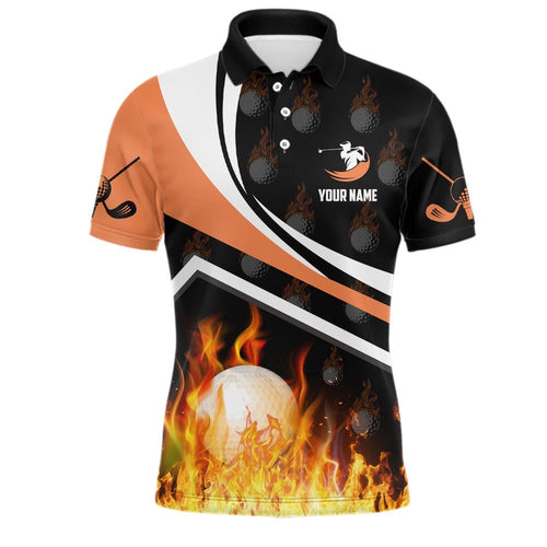 Personalized Men's Golf Ball Fire Flame Orange Style Custom Golf Shirts For Men, Golf Polo Shirt, Golf Shirts