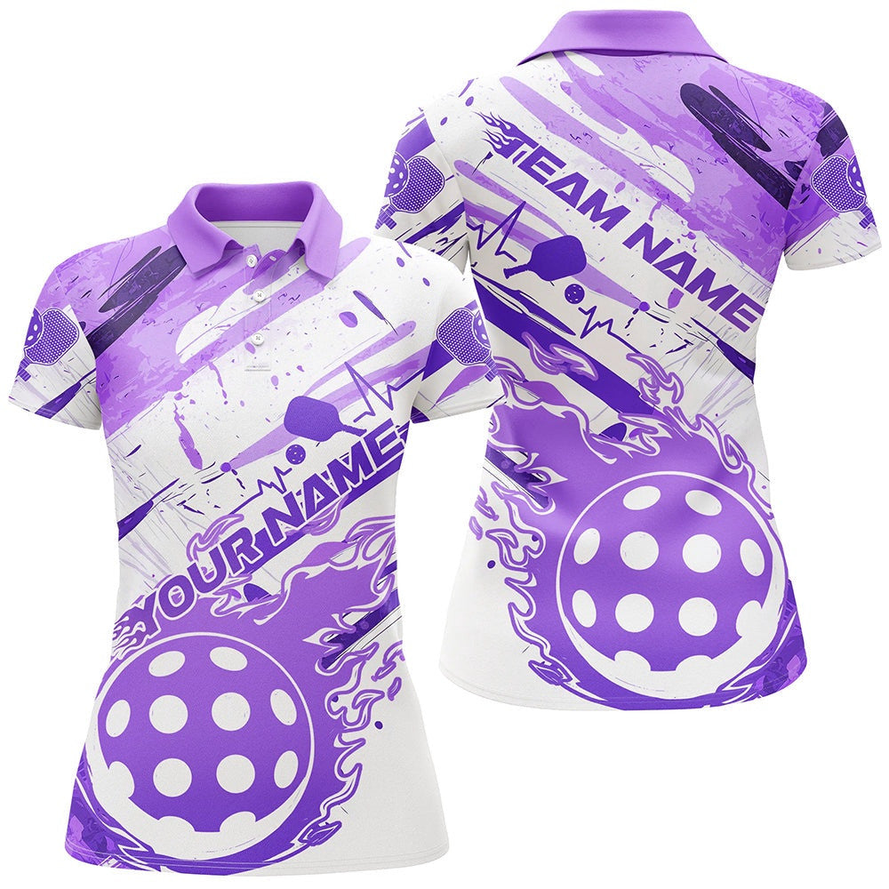 Purple Flame Pickleball Ball Custom Polo Shirts For Women, Outdoor Pickleball Polo Shirts, Pickleball Polo Shirts