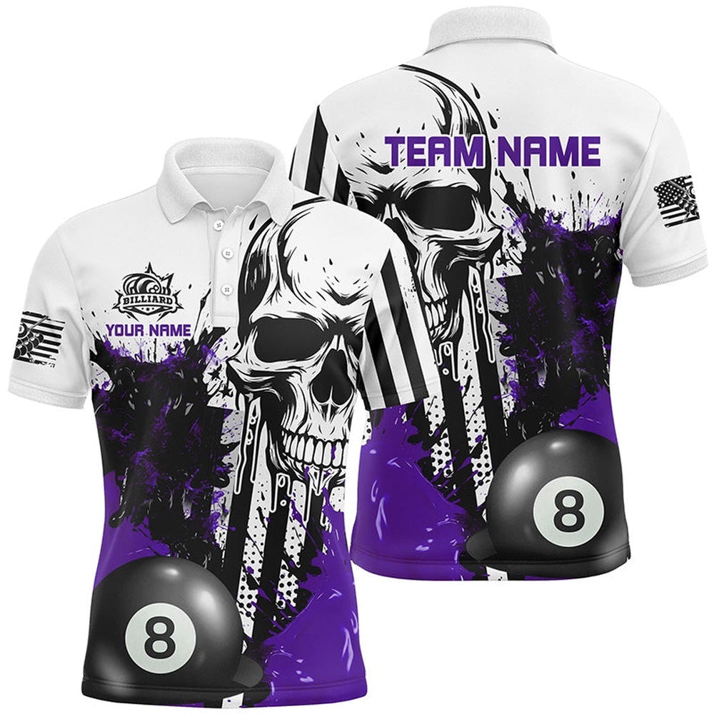 Purple Grunge Skull Billiards Shirts Custom Retro Billiard Team Polo Attire, Personalized Billiard Polo Shirt