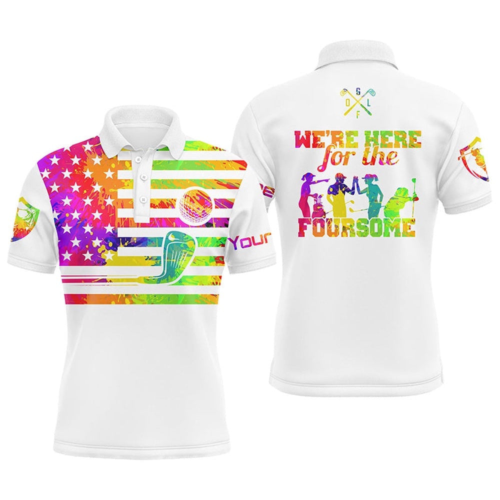 Watercolor American Flag Men's Golf Polo Shirts Custom Name We'Re Here For The Foursome Golf Gifts, Golf Polo Shirt, Golf Shirts
