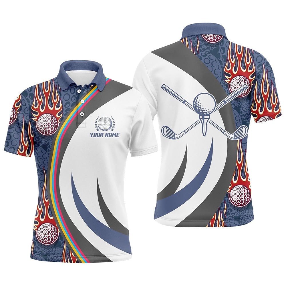 Red Flame Golf Ball Men's Polo Shirts Blue Custom Name Golf Shirts For Men, Best Golf Gifts, Golf Polo Shirt, Golf Shirts