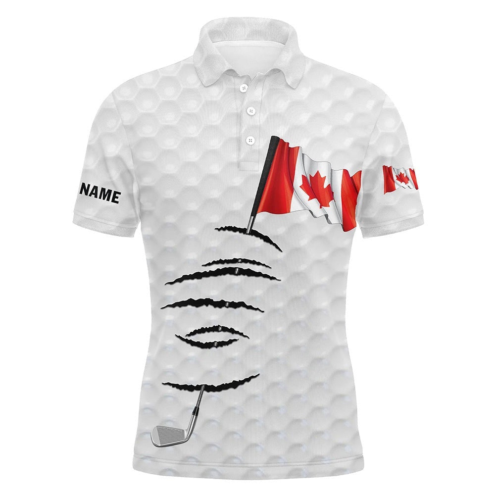 Personalized White Golf Polos Shirt For Men Canadian Flag Patriotic Custom Name Gifts For Golf Lovers, Golf Polo Shirt, Golf Shirts