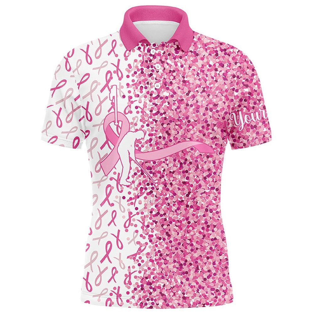 Pink Glitter Ribbon Men Golf Polo Shirts Custom Breast Cancer Golf Shirts For Men, Gifts For Golfer, Golf Polo Shirt, Golf Shirts