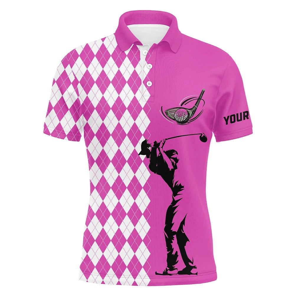 Personalized White Argyle Plaid Pattern Men's Custom Pink Golf Tops For Men's, Golf Polo Shirt, Golf Shirts