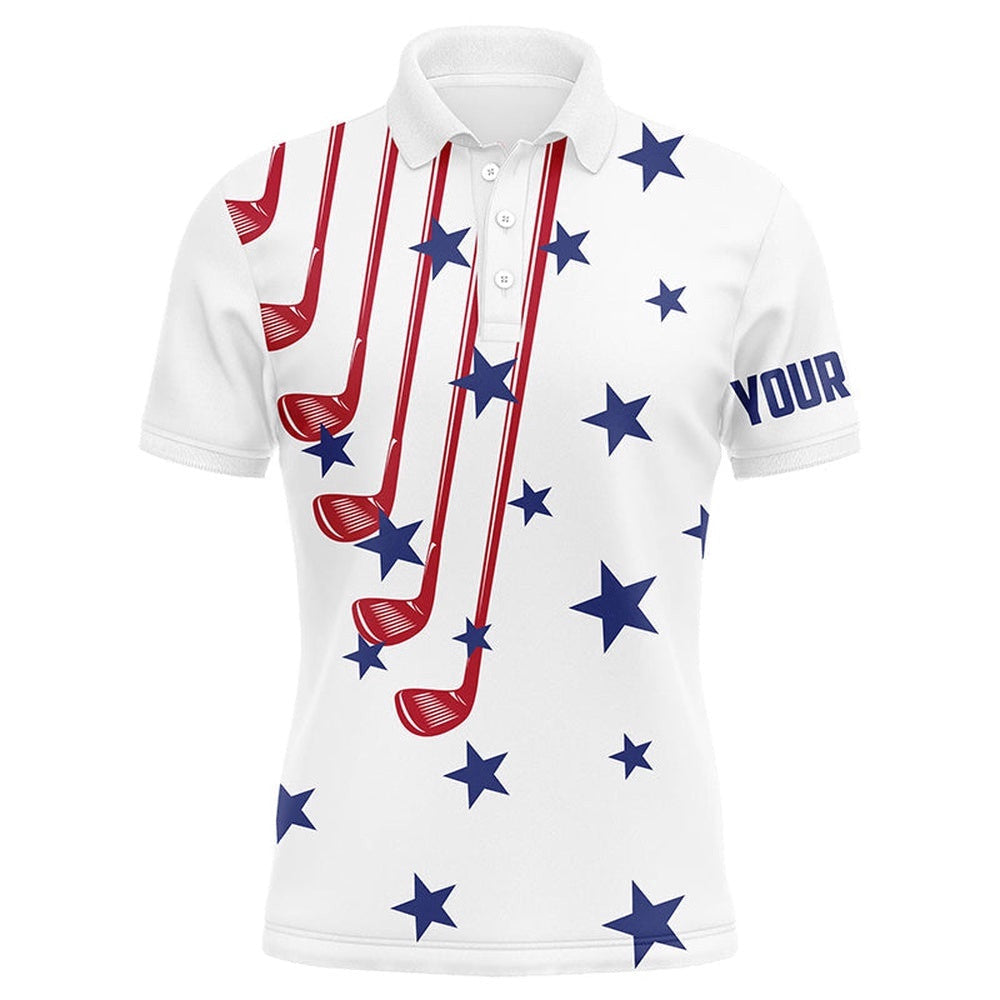 Personalized White Golf Clubs Polos Shirt For Men American Flag Th July Patriotic Men's Golf Tops, Golf Polo Shirt, Golf Shirts