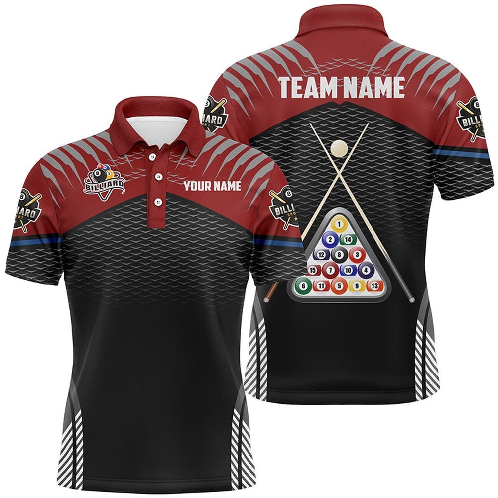 Sport Red Black 8 Ball Billiard 3D Polo Shirts, Custom Billiard Balls Polo, Personalized Billiard Polo Shirt