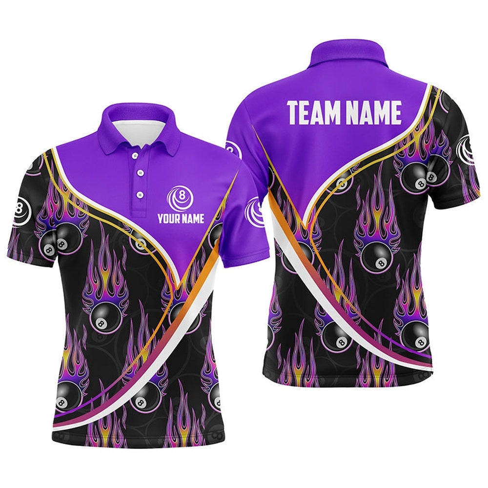 Purple Black 3D Pattern Billiard Polo Shirts Custom Name Flaming 8 Ball Shirts, Personalized Billiard Polo Shirt