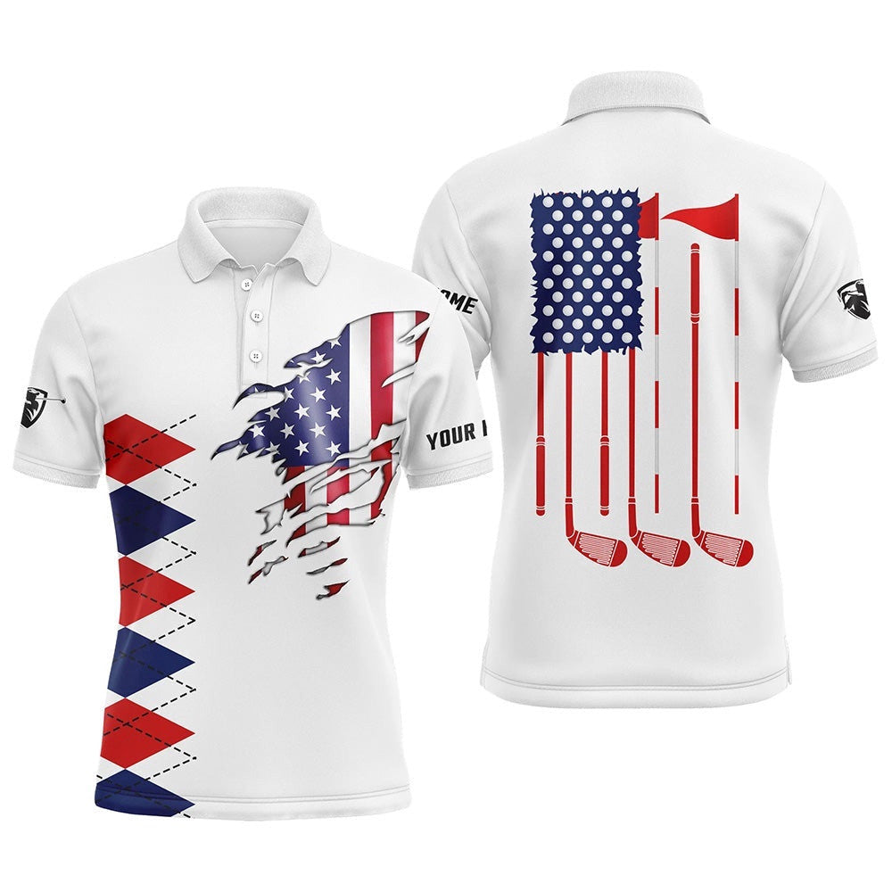 Personalized White Golf Polos Shirts For Men's American Flag Th July Custom Best Men's Golf Wears, Golf Polo Shirt, Golf Shirts