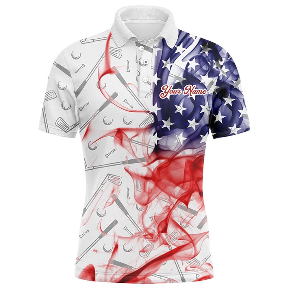 Personalized American Flag Smoke Men's Golf Polo Shirts Patriotic Golf Shirts For Men, Golf Polo Shirt, Golf Shirts