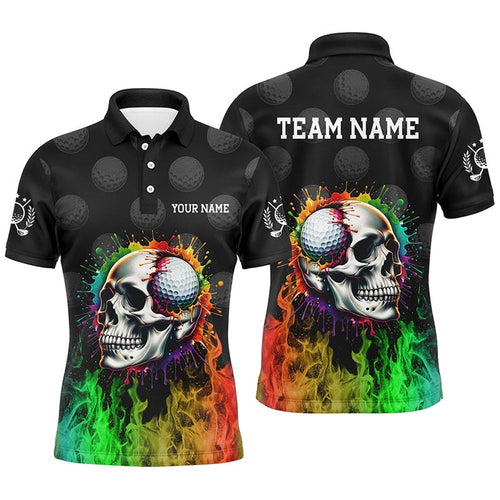 Personalized Men's Golf Polos Shirts Custom Rainbow Flame Skull Fire Black Golf Apparel For Men, Golf Polo Shirt, Golf Shirts