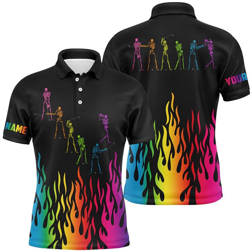 Rainbow Flame Golf Skeleton Custom Black Men's Black Men's Golf Shirt, Golf Polo Shirt, Golf Shirts