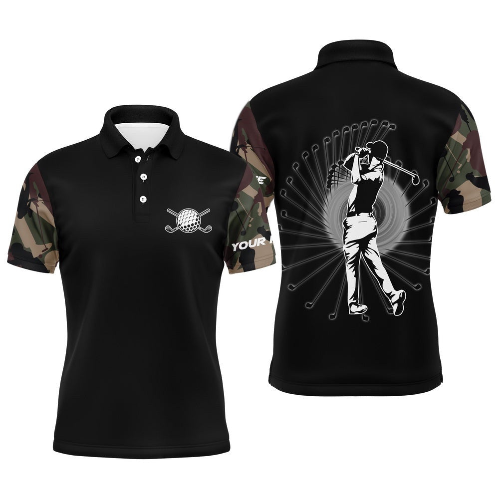 Personalized Camo Black Golf Polo Shirts For Men Long Sleeve Golf Shirts Cool Golf Gifts, Golf Polo Shirt, Golf Shirts