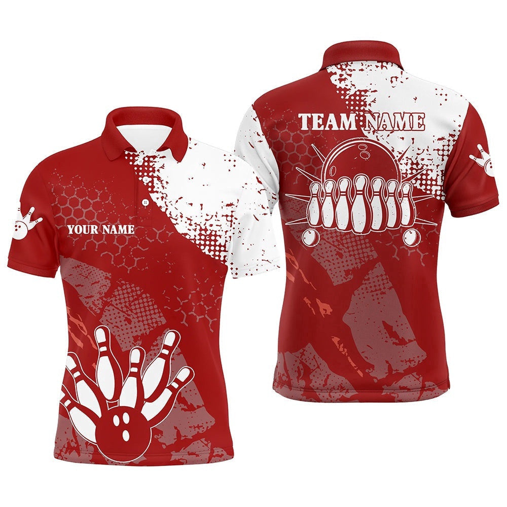 Red And White Mens Polo Bowling Shirts Custom Retro Bowling Ball Pins Bowling Team League Polo Shirt, Personalized Bowling Team Shirt