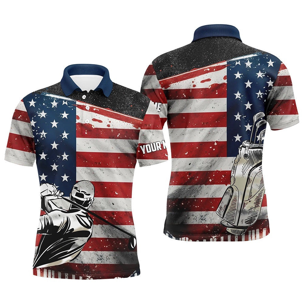 Retro American Flag Golf Men's Polo Shirts Custom Name Patriotic Golf Tops For Men Golf Gifts, Golf Polo Shirt, Golf Shirts
