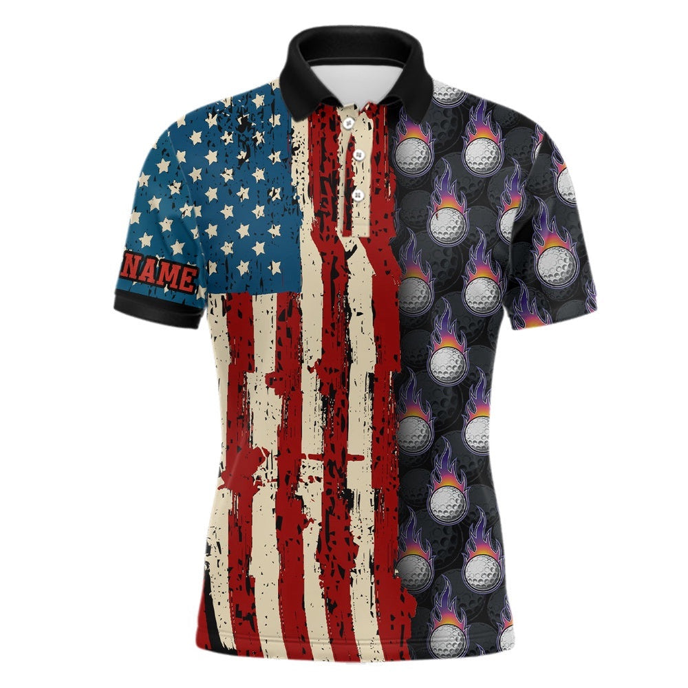 Vintage American Flag Men's Golf Polos Shirts Custom Golf Ball Pattern Golf Polo Shirt For Men's, Golf Polo Shirt, Golf Shirts