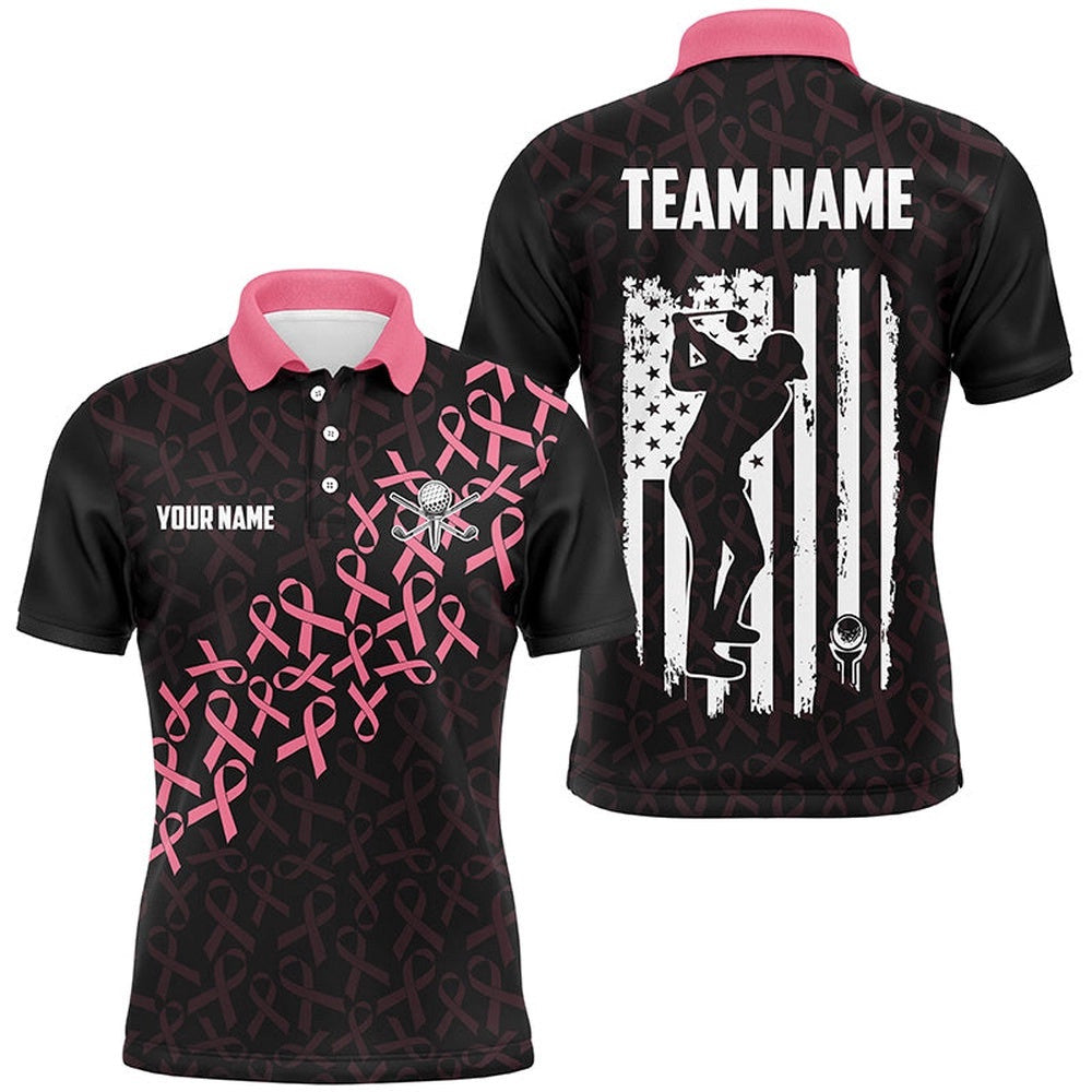 Pink Ribbons Breast Cancer Awareness Men's Golf Polo Shirts Custom American Flag Golf Apparel For Men's, Golf Polo Shirt, Golf Shirts