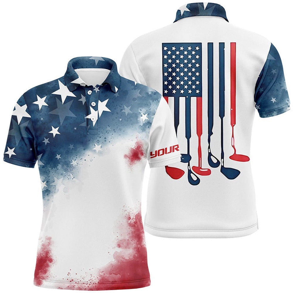 Watercolor American Flag Men's Golf Polo Shirts Patriotic Usa Golf Shirts For Men Cool Golf Gifts, Golf Polo Shirt, Golf Shirts