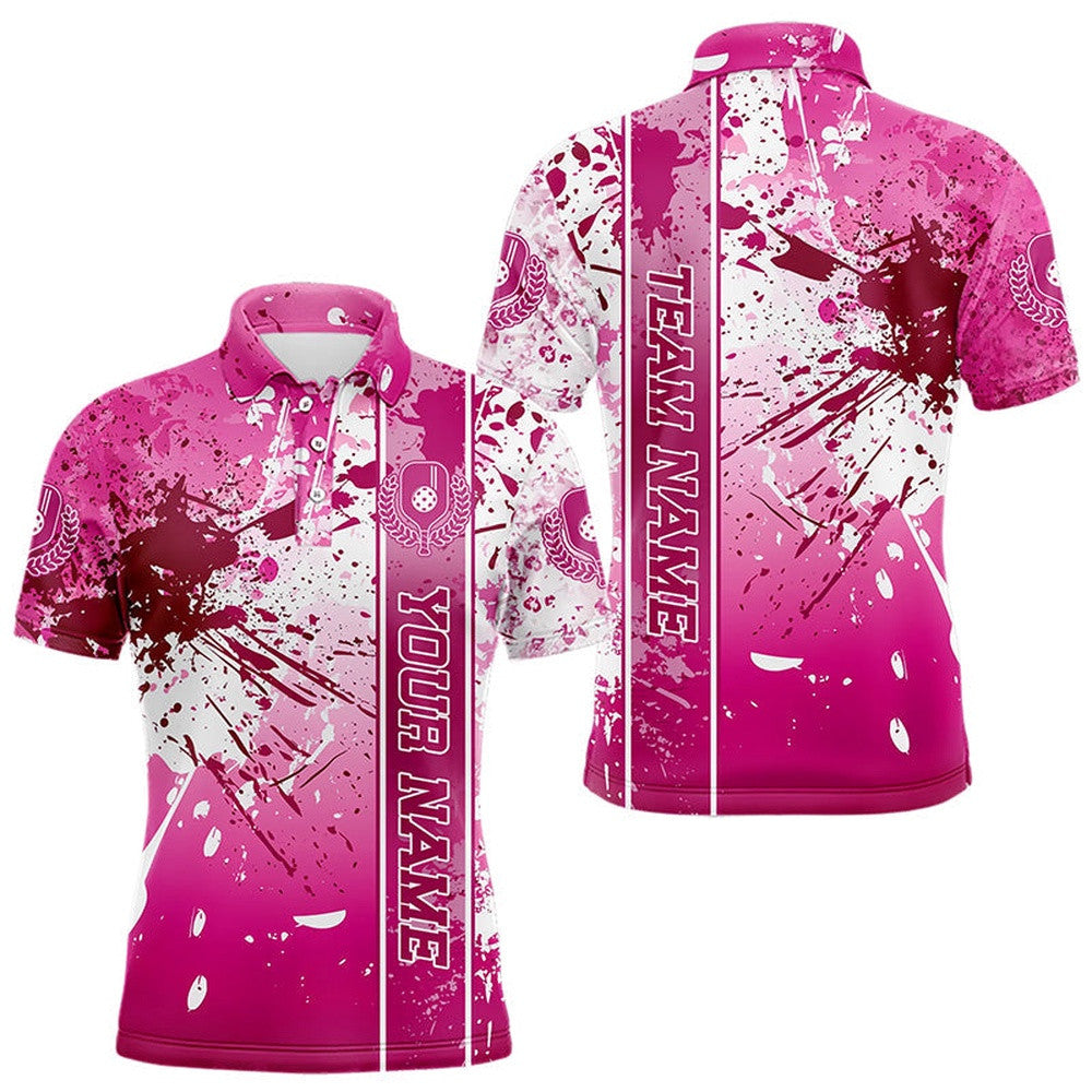 Pink And White Splatter Custom Pickleball Polo Shirts For Men, Pickleball Team Uniform, Pickleball Polo Shirts