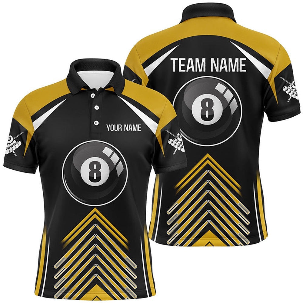Yellow Black Billiard 8 Ball Pool 3D Polo Shirts, Custom Name Billiard Polo, Personalized Billiard Polo Shirt