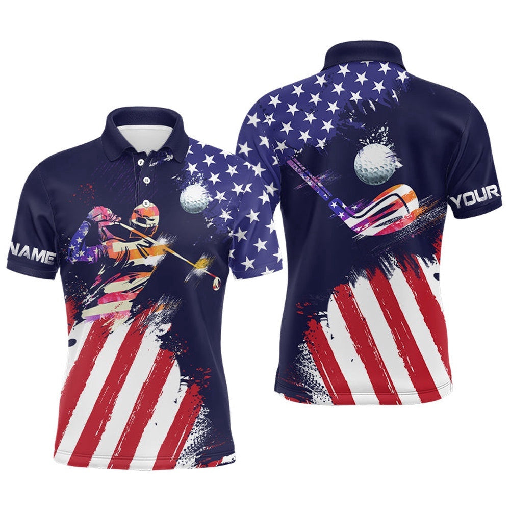 Watercolor American Flag Men's Personalized Patriotic Golf Shirts For Men, Golf Polo Shirt, Golf Shirts
