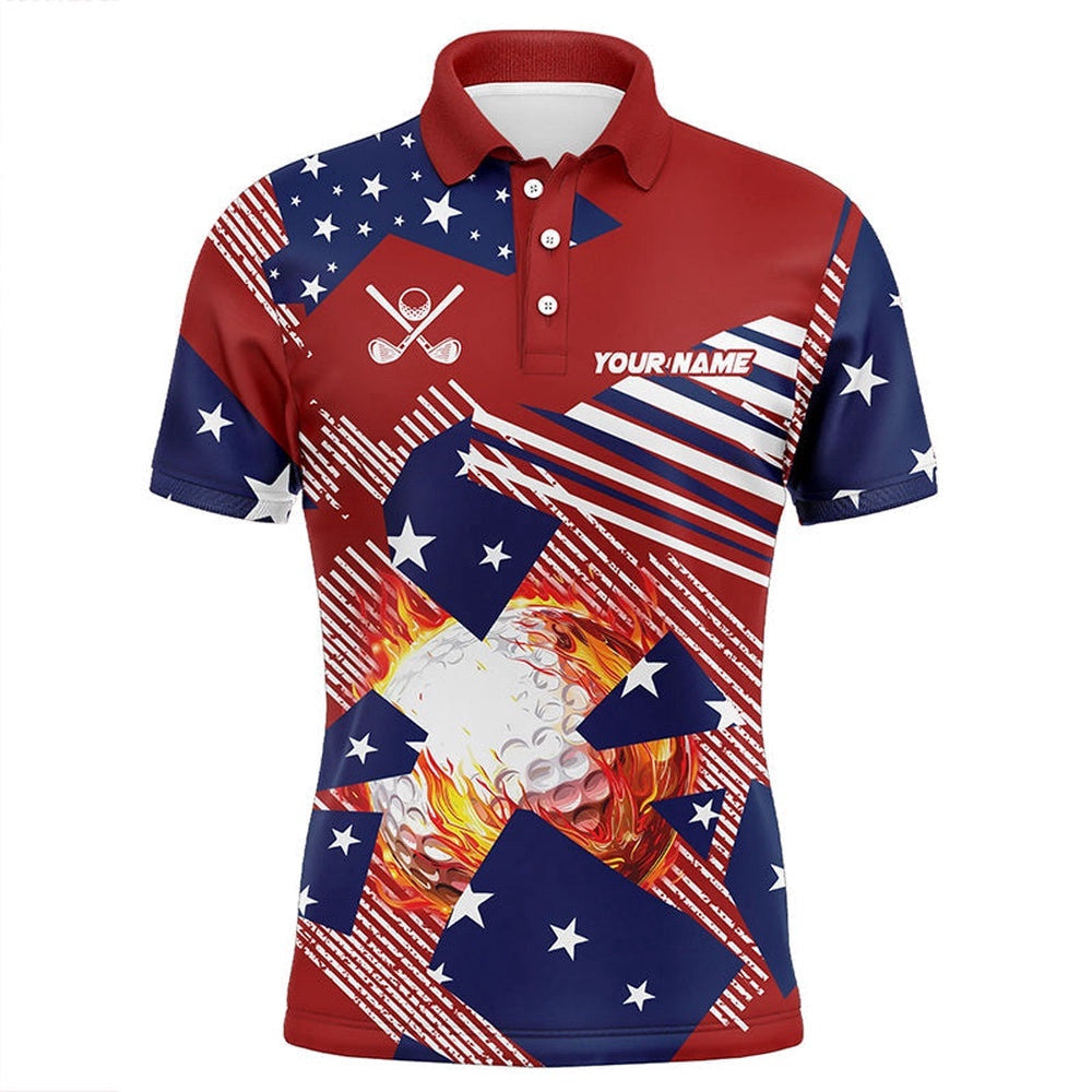 Red, White And Blue American Flag Flame Golf Ball Custom Men's Golf Polo Shirts For Men, Golf Polo Shirt, Golf Shirts