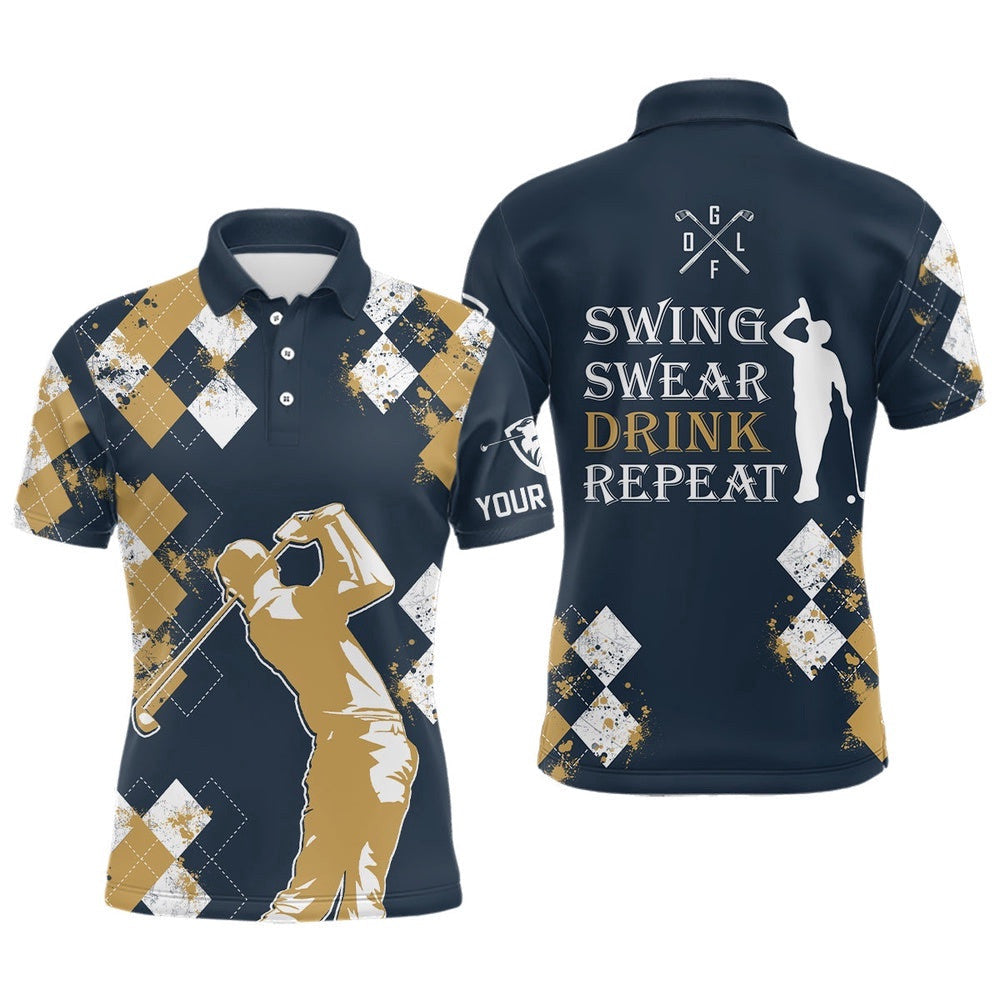Yellow Agryle Pattern Men's Golf Polo Shirts Custom Swing Swear Drink Repeat Vintage Ladies Golf Navy, Golf Polo Shirt, Golf Shirts