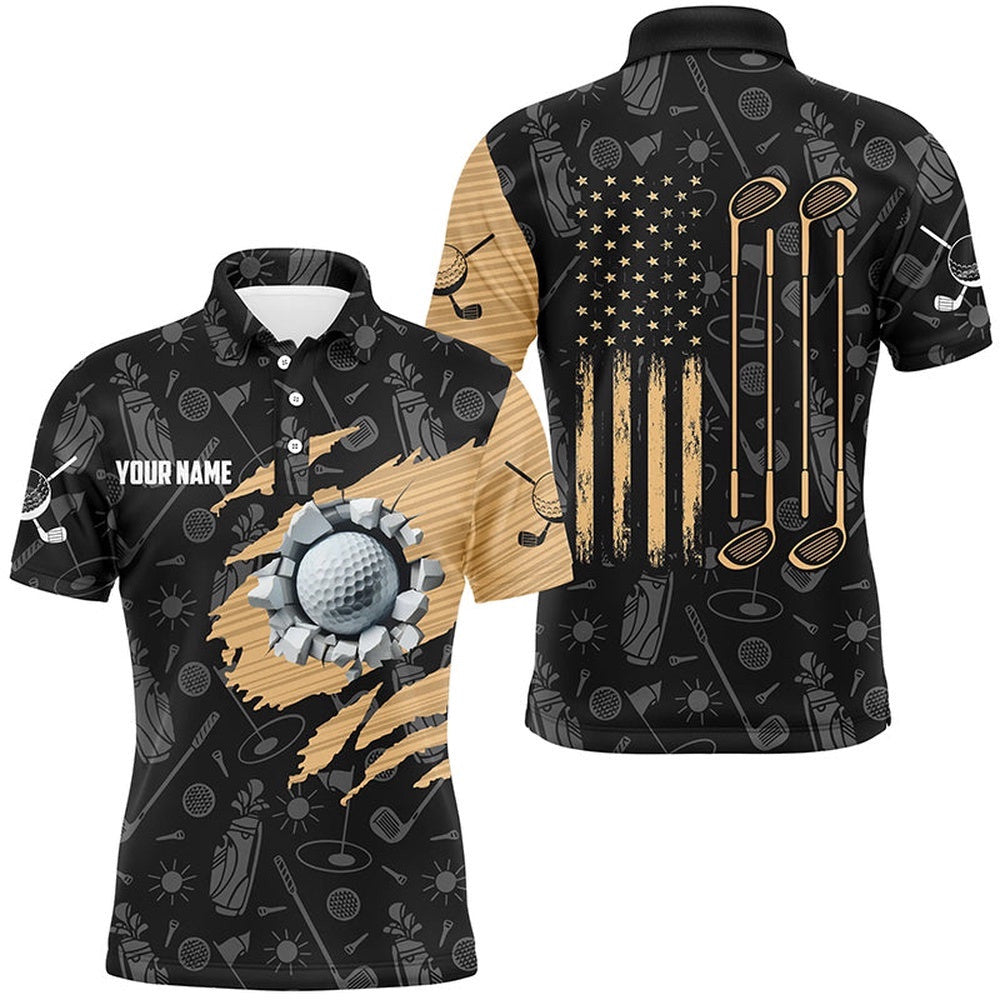Retro American Flag Crack Golf Balls Custom Men Patriotic Golf Shirts For Men, Golf Polo Shirt, Golf Shirts