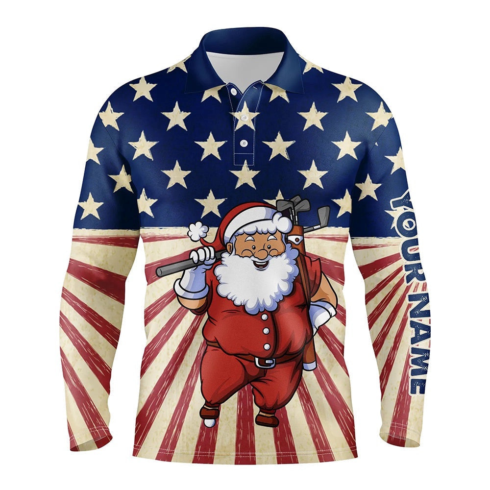 Santa Christmas Vintage American Flag Men's Golf Polo Shirts Funny Golf Shirts For Men Golf Gifts, Golf Polo Shirt, Golf Shirts