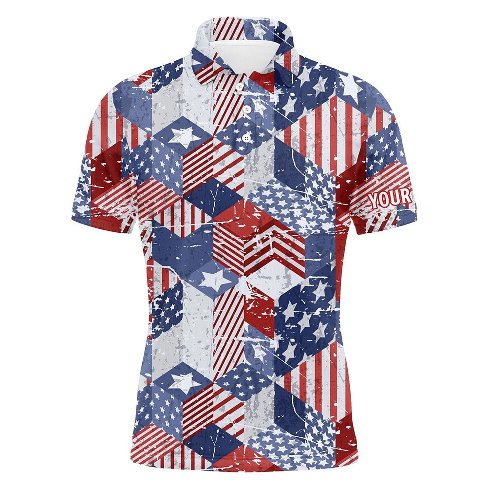Watercolor American Flag Men's Golf Polo Shirts D Isometric Cubes Patriotic Golf Shirts For Men, Golf Polo Shirt, Golf Shirts