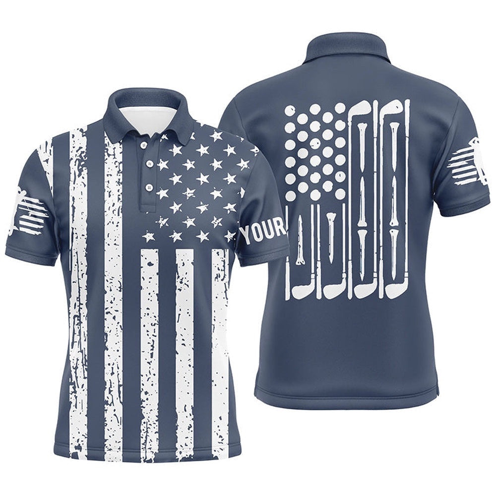 White American Flag Golf Clubs Men's Golf Polo Shirt Custom Patriotic Male Golf Attire For Men Navy, Golf Polo Shirt, Golf Shirts