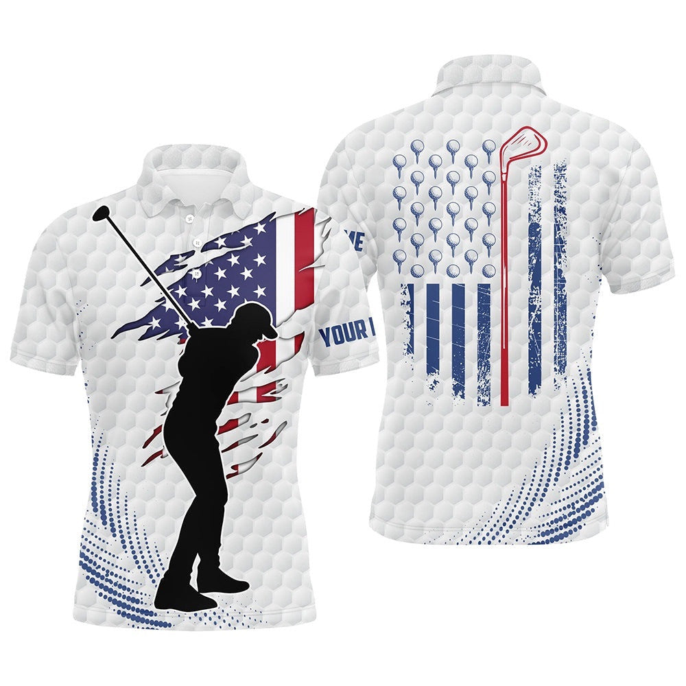 White Golf Ball Pattern Men's Golf Polo Shirts Custom American Flag Patriot Golf Apparel For Men's, Golf Polo Shirt, Golf Shirts