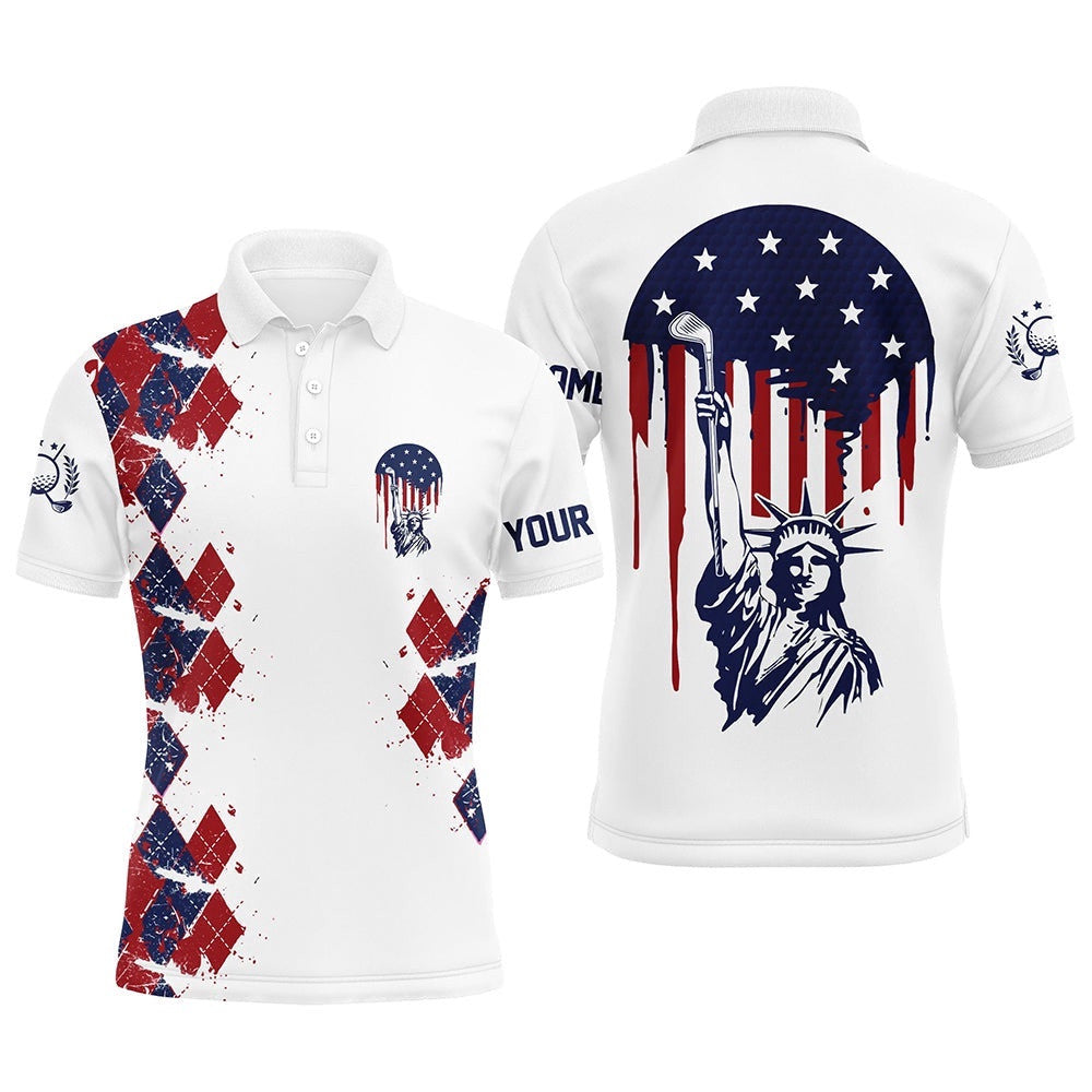 Statue Of Liberty Th Of July American Flag Argyle Men's Golf Polos Patriotic Golf Shirts For Men, Golf Polo Shirt, Golf Shirts