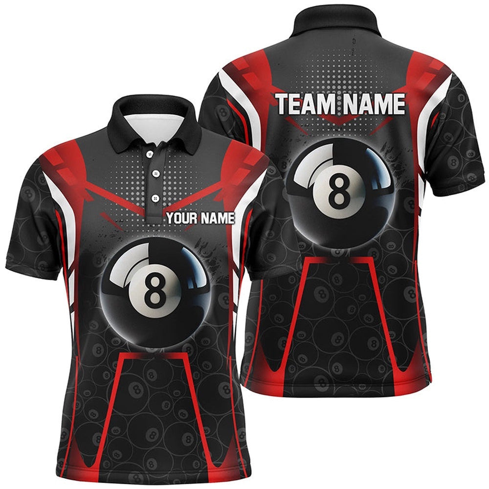 Red Black 8 Ball Billiard 3D Polo Shirts, Custom 8 Ball Pool Pattern Polo, Personalized Billiard Polo Shirt
