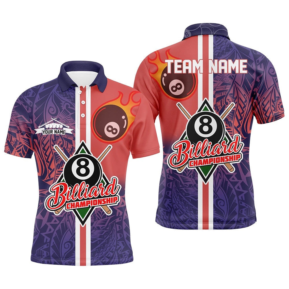 Red Blue Tribal 8 Ball Billiard 3D Polo Shirts, Custom Pool Billiards Polo, Personalized Billiard Polo Shirt