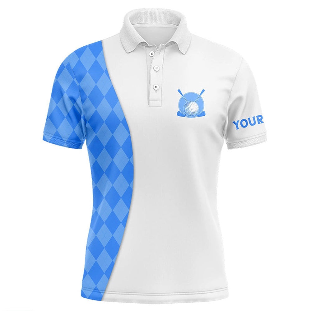 White Men's Golf Polo Shirts Custom Blue Argyle Plaid Pattern Golf Tops, Best Men's Golf Wear, Golf Polo Shirt, Golf Shirts