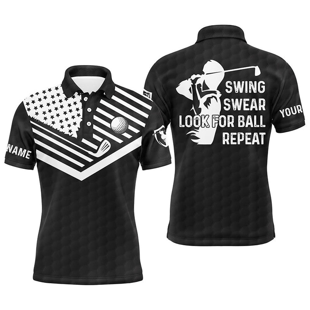 Swing Swear Look For Ball Repeat American Flag Custom Name Team Golf Polo Shirts Black, Golf Polo Shirt, Golf Shirts