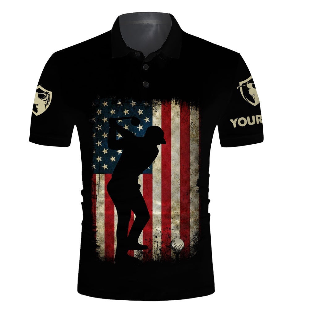 Vintage American Flag Patriotic Us Flag Custom Name Black Golf Polo Shirts - Golf Gift Ideas For Him, Golf Polo Shirt, Golf Shirts