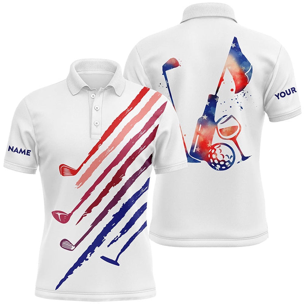 Red, White And Blue Men's Golf Polo Shirts Custom Vintage Golf Wine Clubs Patriotic Golf Tops For Men's, Golf Polo Shirt, Golf Shirts