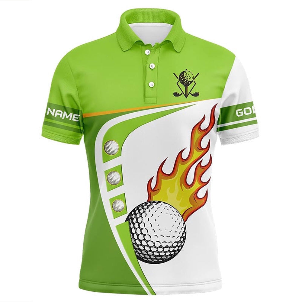 White And Green Men's Golf Polo Shirts Custom Golf Ball Fire Men's Golf Apparel, Green Golf Tops, Golf Polo Shirt, Golf Shirts