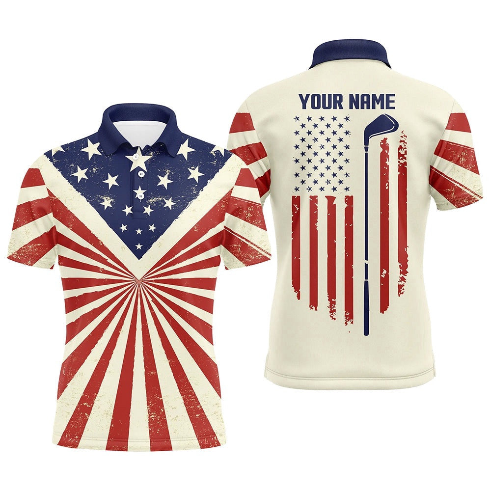 Vintage American Flag Patriotic Men's Golf Polo Shirt Custom Men's Flag Polo Shirt Tournament Golf Gift, Golf Polo Shirt, Golf Shirts