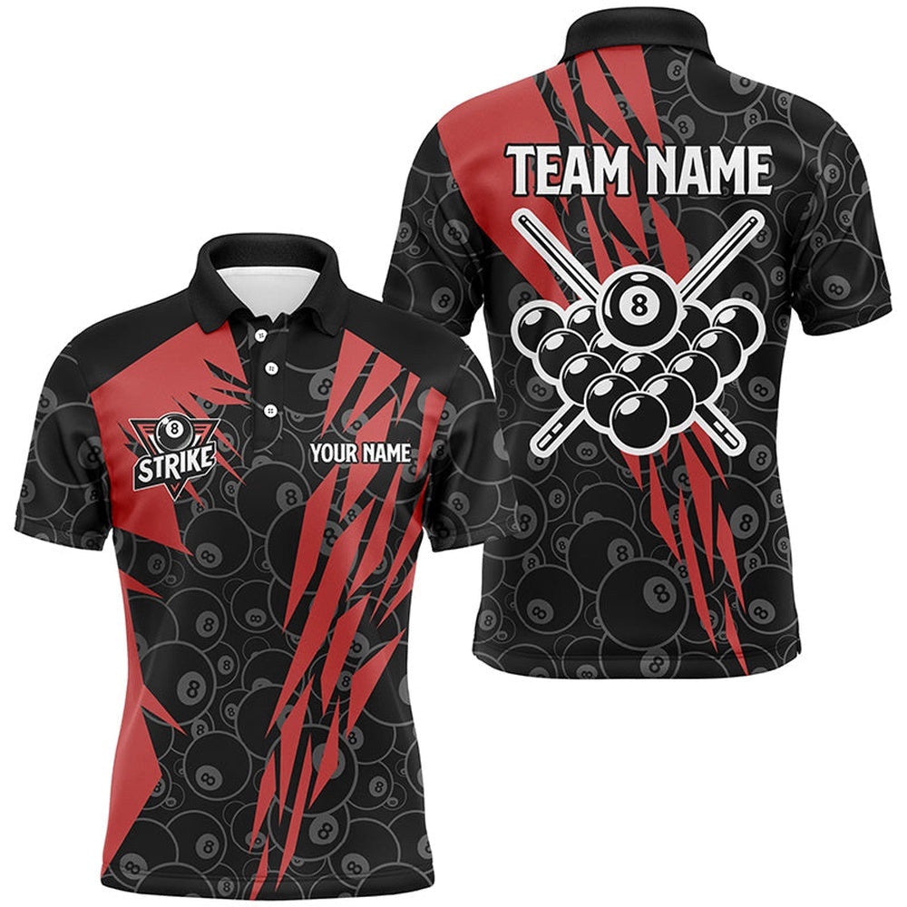 Red And Black Billiard Polo Custom Name 8 Ball Pattern Billiard Uniform Team Shirts, Personalized Billiard Polo Shirt