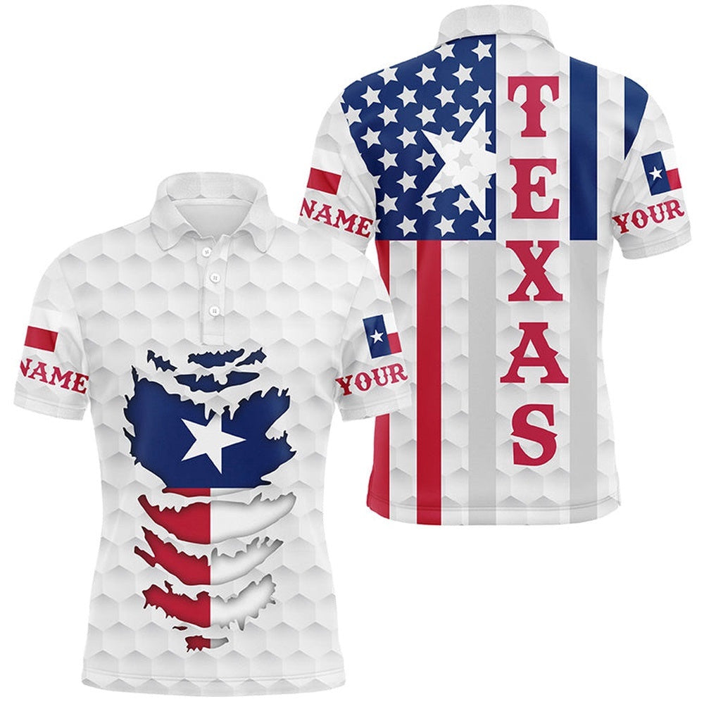 Texas American Flag Men's Golf Polo Shirts Custom White Golf Ball Skin Patriot Golf Apparel For Men, Golf Polo Shirt, Golf Shirts