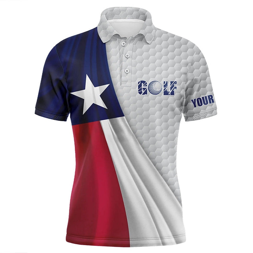 Texas Flag White Golf Ball Skin Men's Golf Polo Shirts Custom Name Patriotic Golf Tops For Men's, Golf Polo Shirt, Golf Shirts