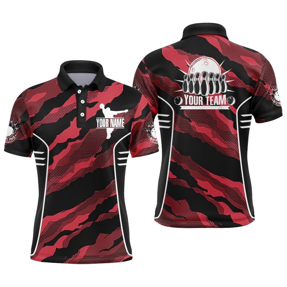 Red Camo Bowling Polo Shirt For Men Custom Bowling Team Shirt Bowling Polo Shirt Short Sleeve, Personalized Bowling Team Shirt