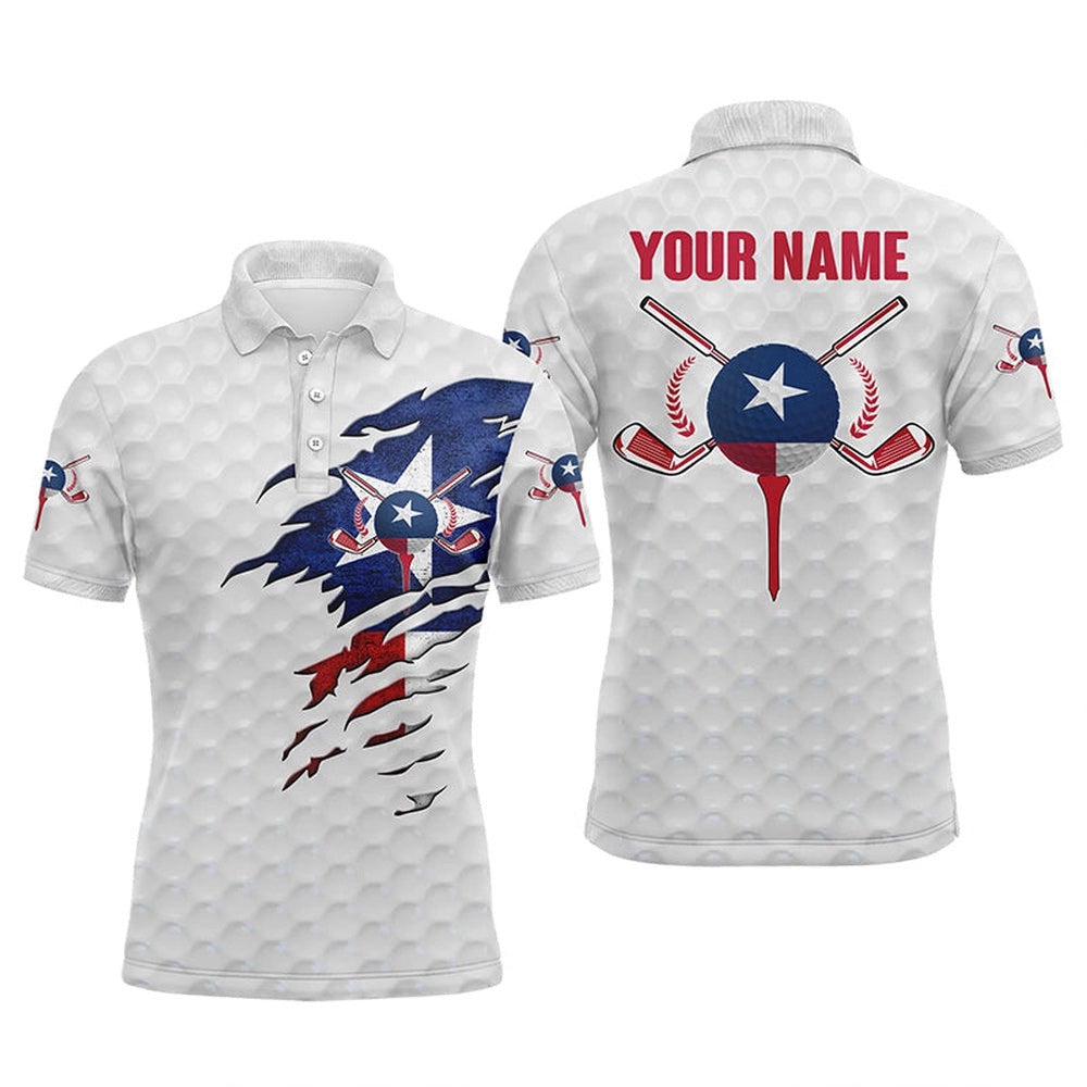 Texas Flag White Golf Ball Skin Men's Golf Polos Shirts Custom Patriot Golf Gift, Golf Shirt For Men, Golf Polo Shirt, Golf Shirts