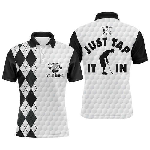 White Golf Shirt Men's Custom Name Just Tap It In Black Argyle Pattern Team Men's Polo Golf Shirts, Golf Polo Shirt, Golf Shirts